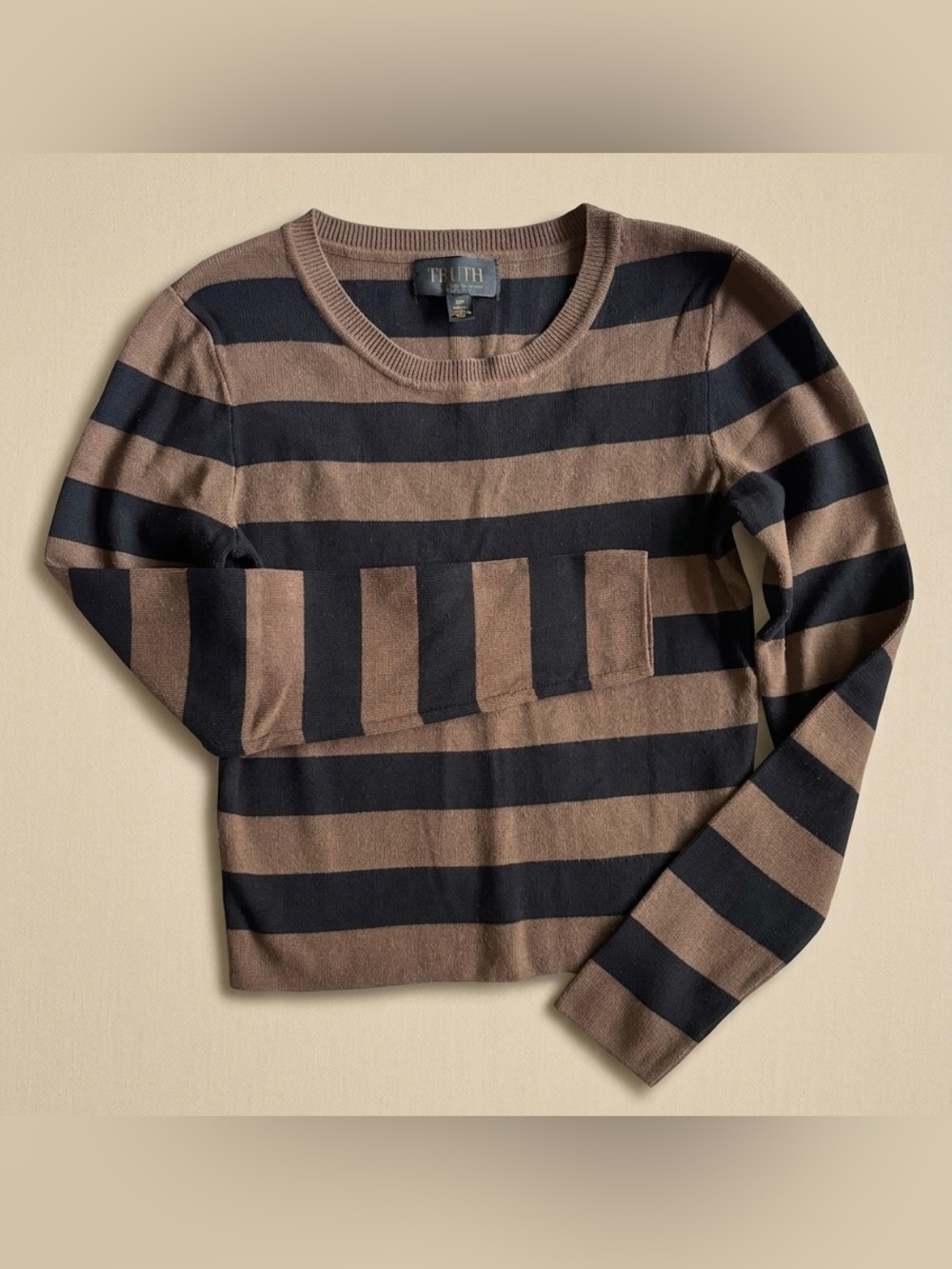 TRUTH by Republic Striped Crewneck Long Sleeve Crop Knit Sweater Brown Black PS